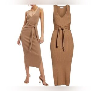 Good American sleeveless rib knit tie waist midi dress in taupe tan size 1